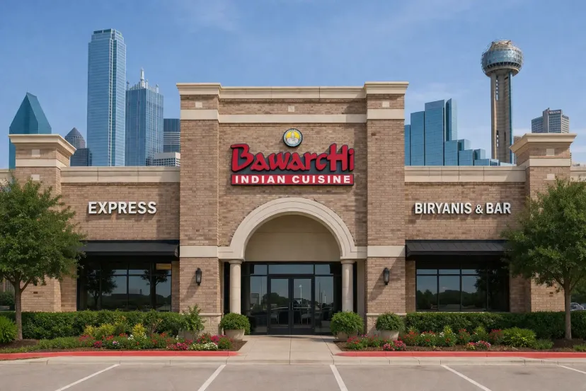A Bawarchi restaurant storefront against the Dallas skyline